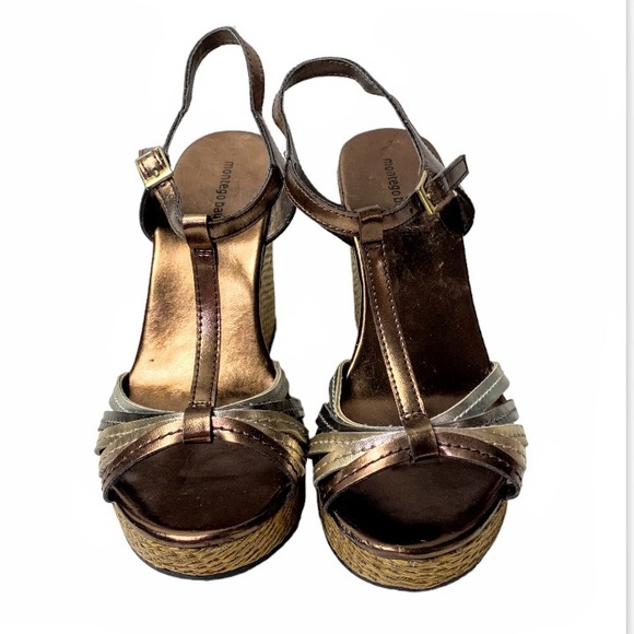 Montego Bay Club Metallic Gold, Bronze & Silver Strappy Wedge Sandals Size 9 - Picture 2 of 16